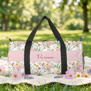 Pink Green Watercolor Wildflower Monogram Duffle Bag