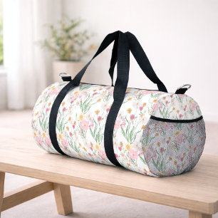 Pink Green Watercolor Wildflower Monogram Duffle Bag