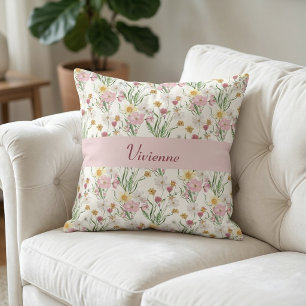 Pink Green Watercolor Wildflower Monogram Name Cushion