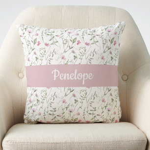 Pink Green Watercolor Wildflower Monogram Name Cushion