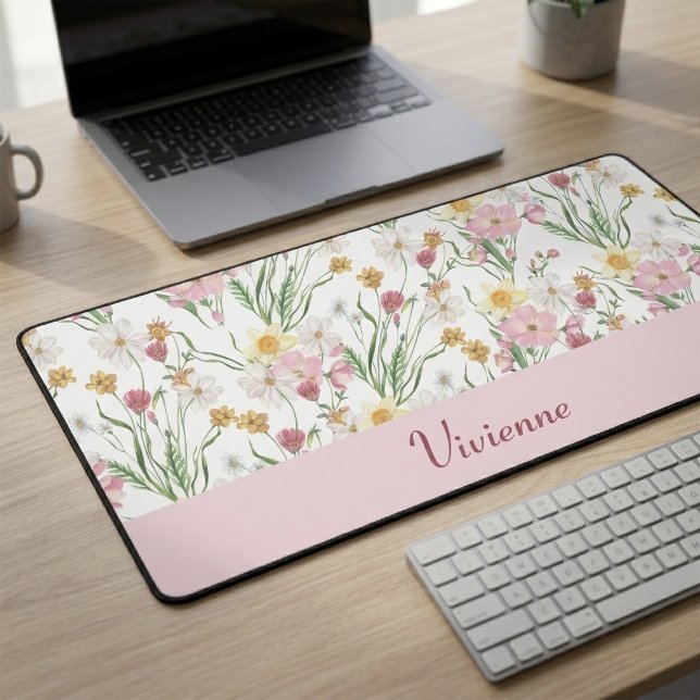 Pink Green Watercolor Wildflower Monogram Name Desk Mat (Pink Green Watercolor Wildflower Monogram Name Desk Mat)
