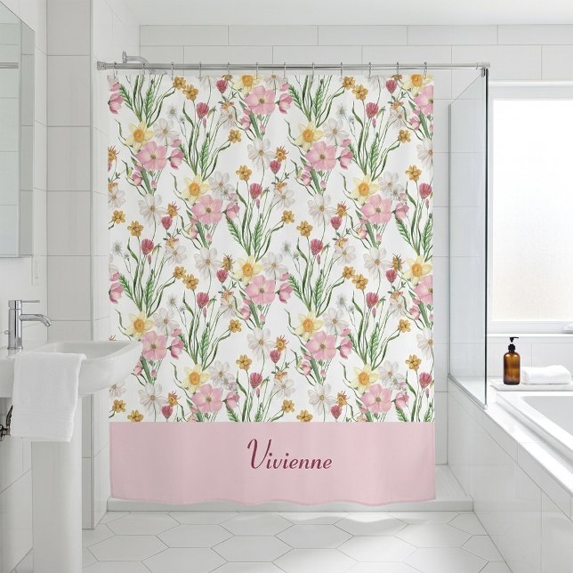 Pink Green Watercolor Wildflower Monogram Shower Curtain (Pink Green Watercolor Wildflower Monogram Shower Curtain)