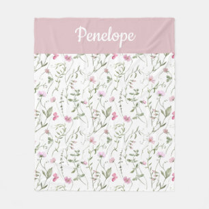 Pink Green Watercolor Wildflower Name  Fleece Blanket
