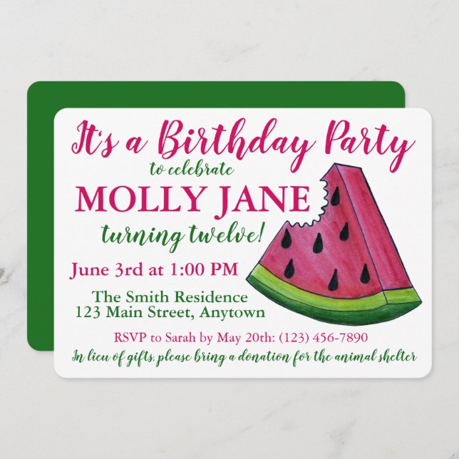 Pink Green Watermelon Slice Birthday Party Shower Invitation (Front/Back)