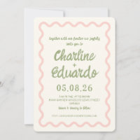 Pink green Wavy Border Pastel Wedding Invitation