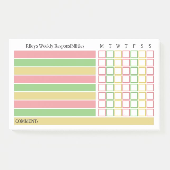 Pink Green Weekly Responsibilities Chore Chart Post-it Notes (Front)
