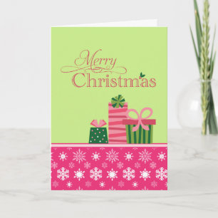 Pink green whimsical presents christmas card