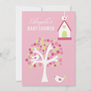 Pink Green White Birds & Tree Baby Shower Invite