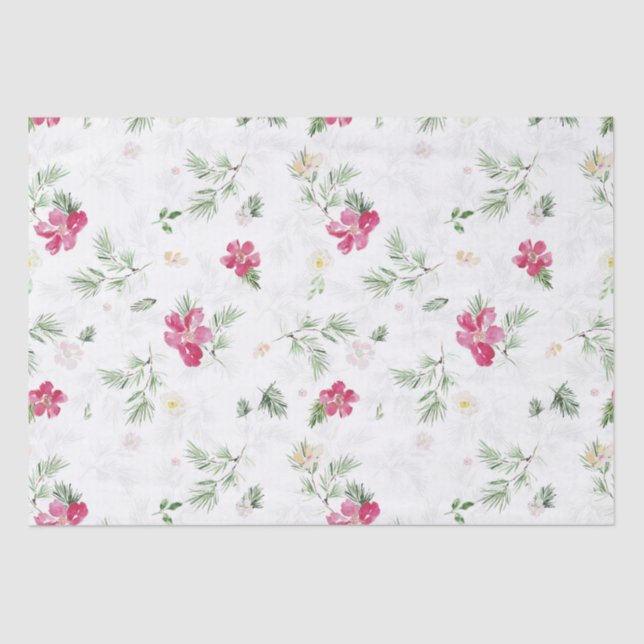 Pink, Green, White Christmas Watercolor Flowers  Tissue Paper (Front)
