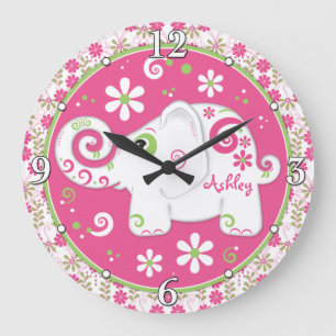 Pink Green White Elephant Floral Personalised Large Clock