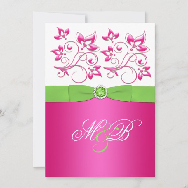 Pink, Green, White Floral Monogram Invite (Front)