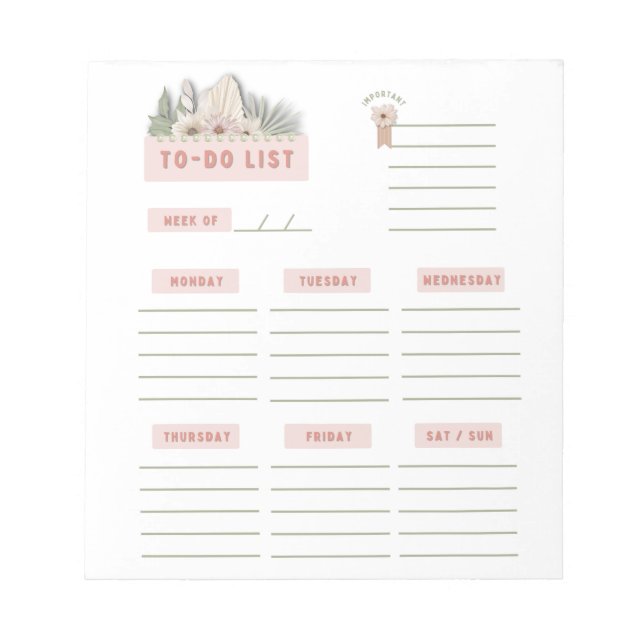 Pink Green White Floral Weekly Planner Organiser  Notepad (Front)