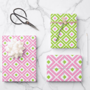 Pink, Green, White Ikat Diamond Pattern Wrapping Paper Sheet