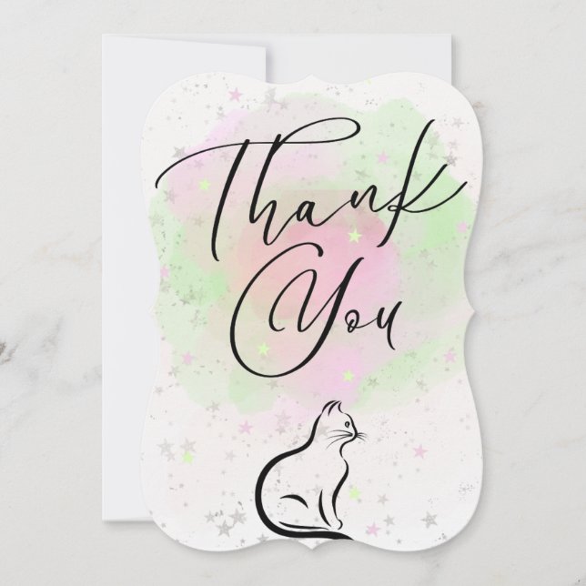 Pink Green White Starry Cat Thank You Card (Front)