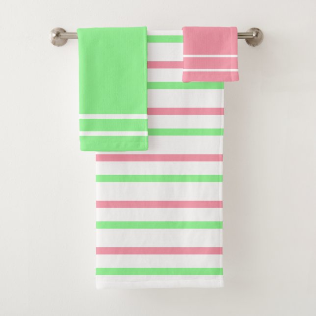 Pink Green White Stripes Geometric Pattern Bath Towel Set (Insitu)