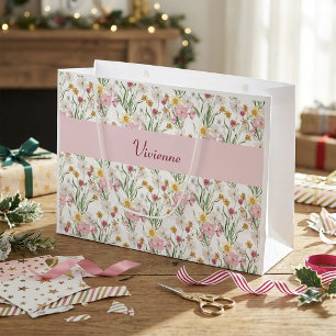 Pink Green Wildflower Watercolor Monogram Name Large Gift Bag