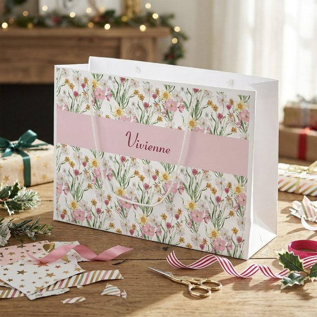 Pink Green Wildflower Watercolor Monogram Name Large Gift Bag (Pink Green Wildflower Watercolor Monogram Name Large Gift Bag)