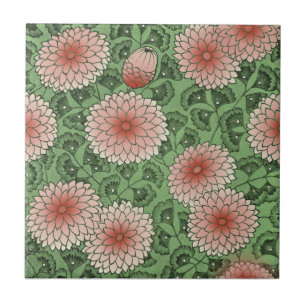 Pink Green Wm Morris Style Chrysanthemum Repro Tile