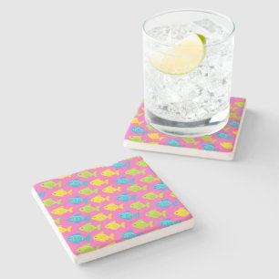 Pink Green Yellow Blue Fish Sea Animals Summer Stone Coaster