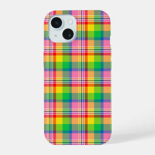Pink Green Yellow Madras Plaid Design iPhone 15 Case