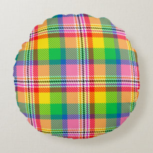 Pink Green Yellow Madras Plaid Design  Round Cushion