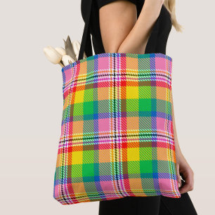 Pink Green Yellow Madras Plaid Design  Tote Bag
