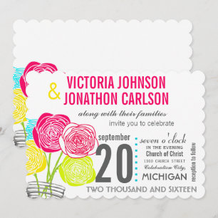 Pink Green Yellow Mason Jar Floral Typography Invitation