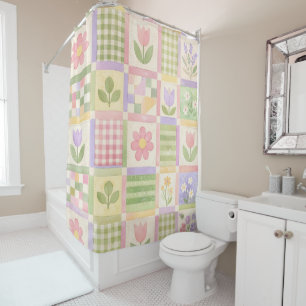 Pink Green Yellow Pastel Quilt Patchwork Floral  Shower Curtain