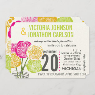 Pink Green Yellow Photo Floral ModernTypography Invitation