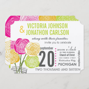 Pink Green Yellow Photo Floral ModernTypography Invitation