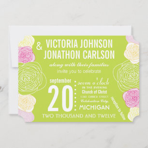 Pink Green Yellow Rose ModernTypography Wedding Invitation