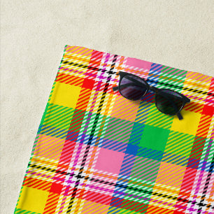 Pink Green Yellow Tartan Plaid Design  Beach Towel