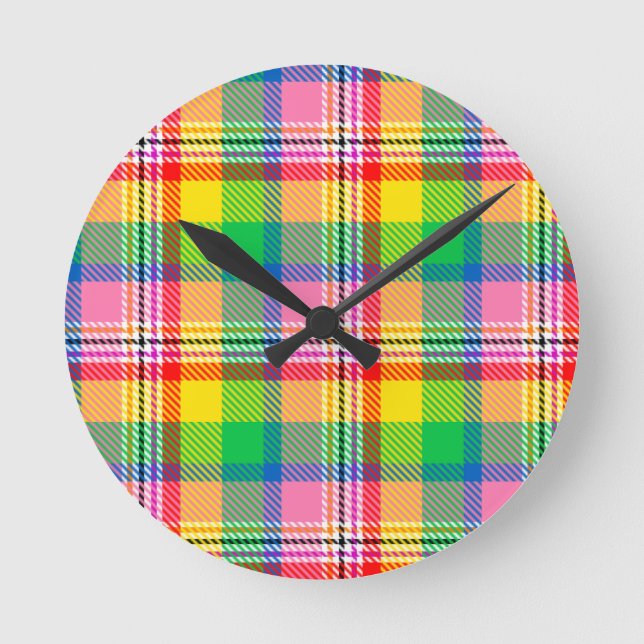 Pink Green Yellow Tartan Plaid Design  Round Clock (Front)