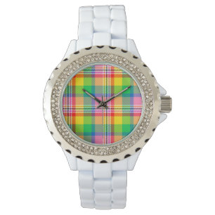 Pink Green Yellow Tartan Plaid Design Watch