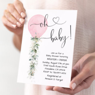 Pink Greenery Balloon Baby Shower Invitation