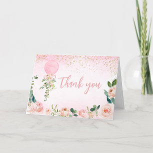 Pink Greenery Floral Balloon Baby Shower Thank You Card