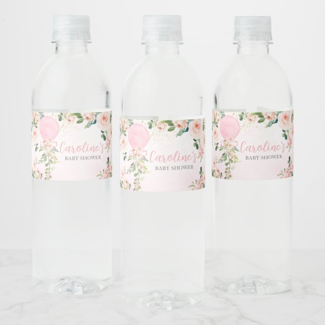 Pink Greenery Floral Balloon Baby Shower Water Bottle Label (Bottles)