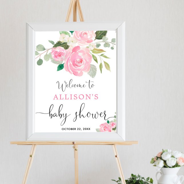 Pink greenery floral girl baby shower welcome sign (Creator Uploaded)