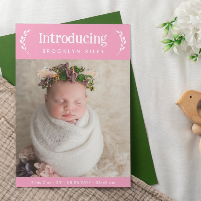 Pink Greenery Introducing New Baby Girl Photo Announcement (Creator Uploaded)
