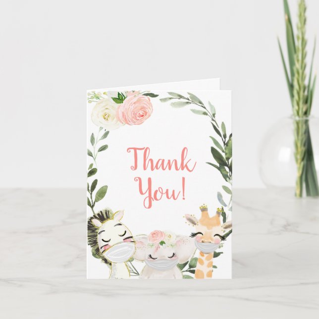 Pink greenery safari animals masks baby shower thank you card (Front)