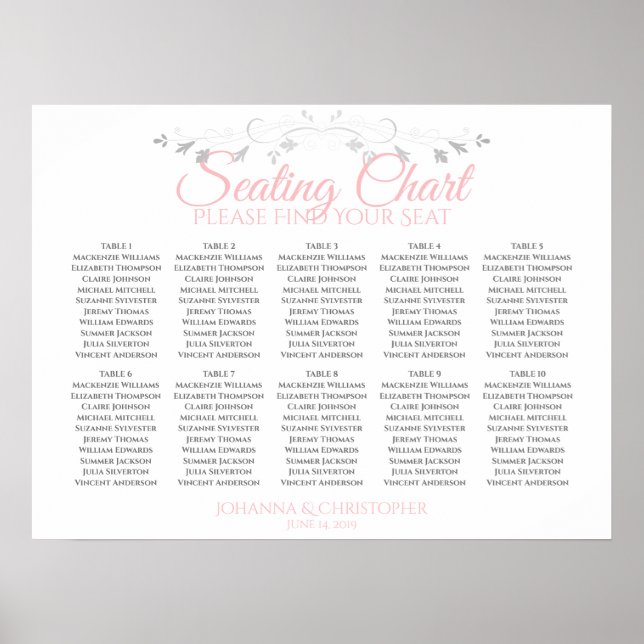 Pink & Grey 10 Table Wedding Seating Chart (Front)