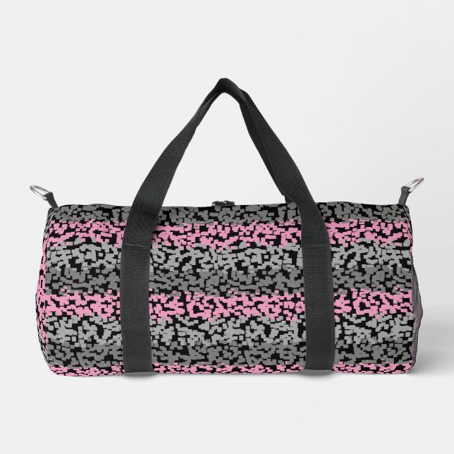 Pink, grey and black digital pixelated stripes duffle bag (Front)