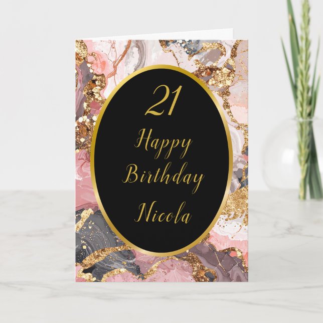 Pink, Grey and Gold Marble Agate Birthday Party Card (Front)