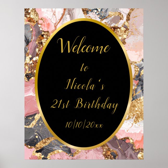 Pink, Grey and Gold Marble Agate Birthday Party Poster (Front)