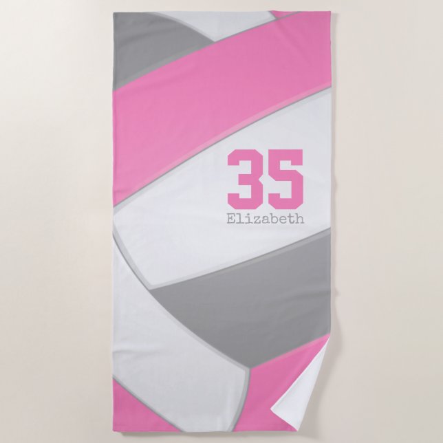pink grey and white girls volleyball personalised beach towel (Front)