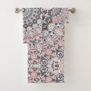 Pink Grey and White Mandala Pattern Bath Towel Set