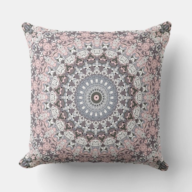 Pink Grey and White Mandala Pattern Cushion (Front)