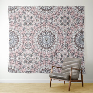 Pink Grey and White Mandala Pattern Tapestry