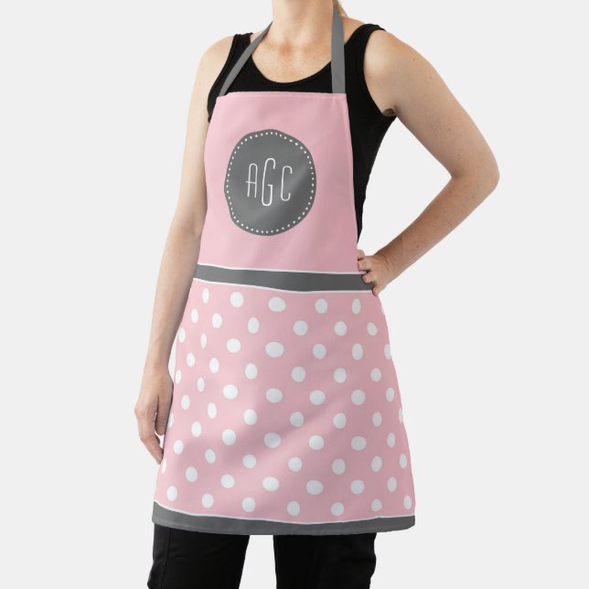 Pink grey and white polka dots monogram apron (Insitu)