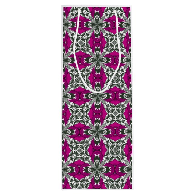 Pink Grey and White Repeat Tile Pattern Wine Gift Bag (Back)